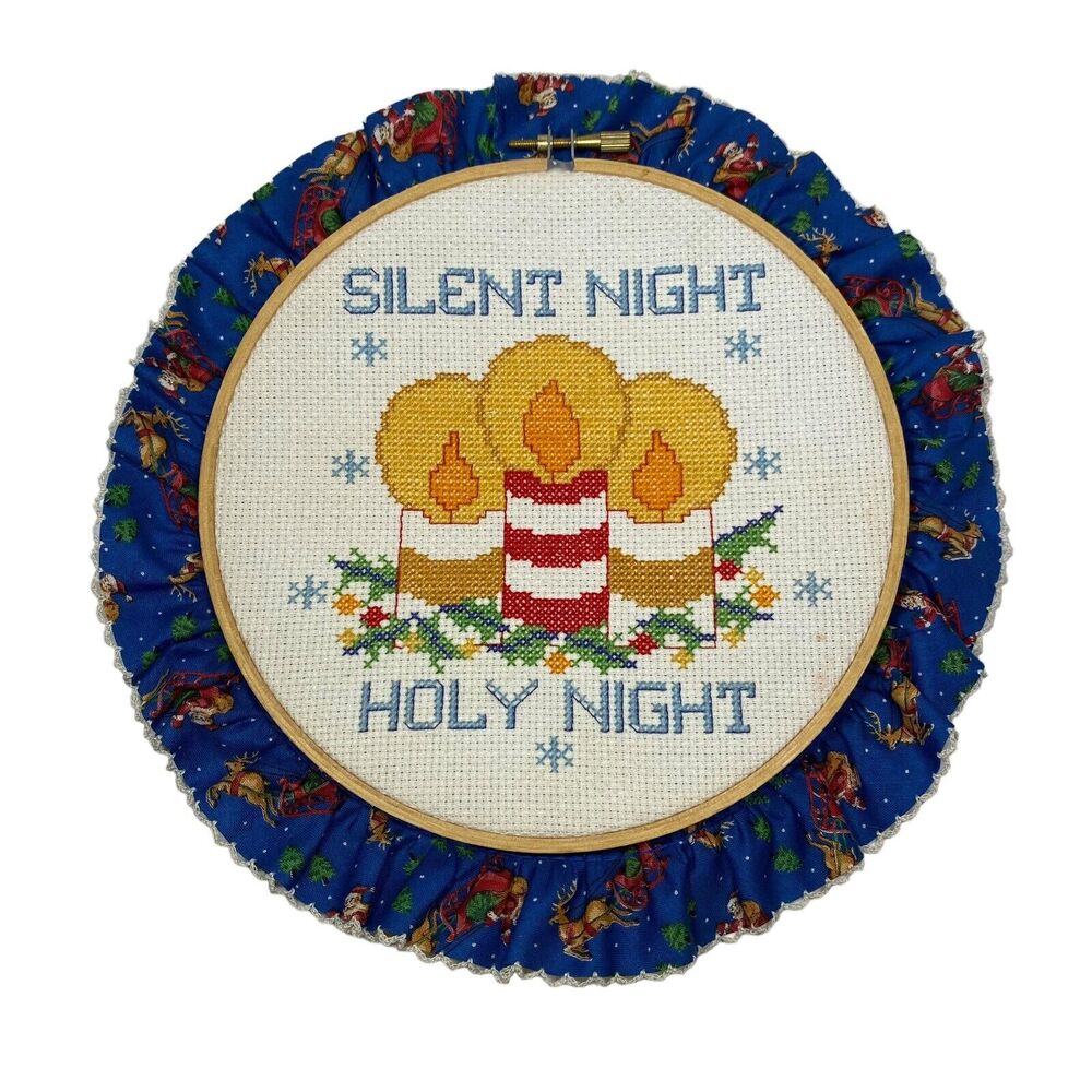 Silent Night Cross Stitch WonderArt Completed Christmas Wall Decor Vintage